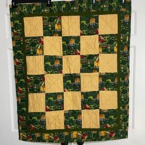 Handmade Lap Quilt Cottacore Yellow‎ Check Village Scene Green Border